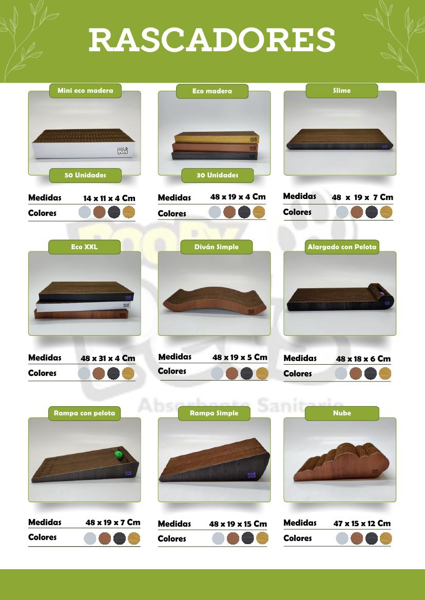 Rascadores línea clásica: Mini eco madera, Eco madera, Slime, Eco XXL, Diván Simple, Alargado con Pelota, Rampa con pelota, Rampa Simple, Nube